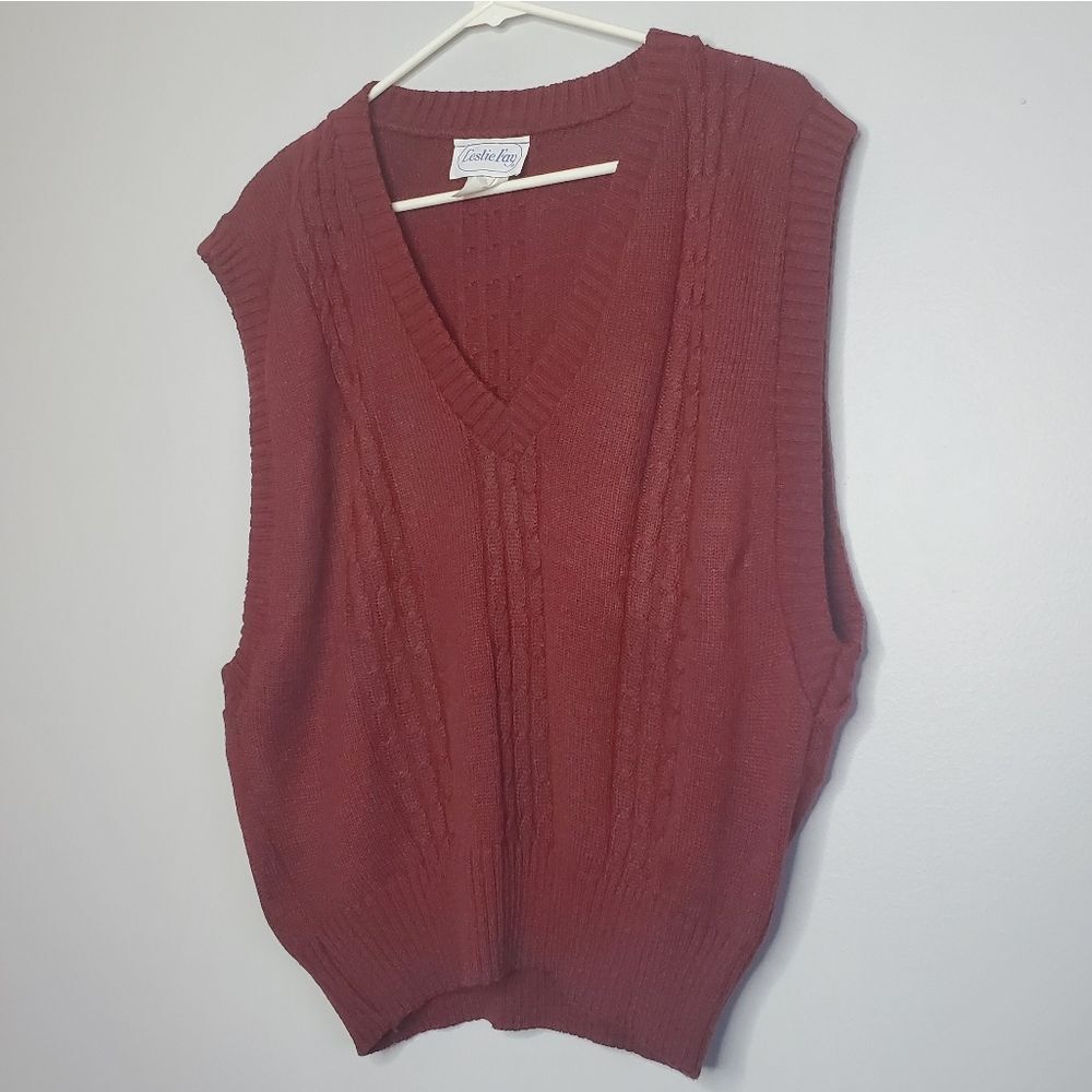 Leslie Fay L Vintage Knit Sleeveless Sweater Vest Brown Red